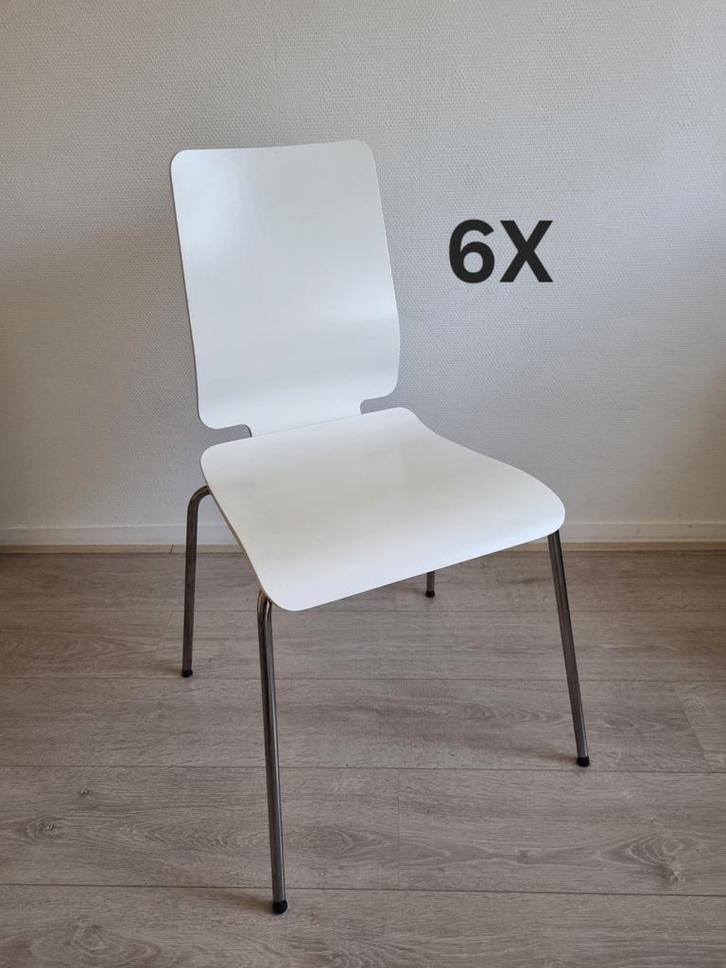 6 Witte eetkamerstoelen met metalen poten, Huis en Inrichting, Stoelen, Gebruikt, Vijf, Zes of meer stoelen, Hout, Metaal, Wit