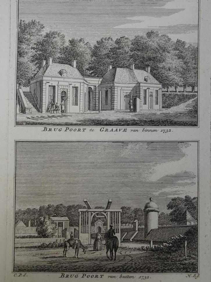 gravure Brugpoort te Grave binnen en buiten in 1732 Brabant, Antiek en Kunst, Kunst | Etsen en Gravures, Verzenden