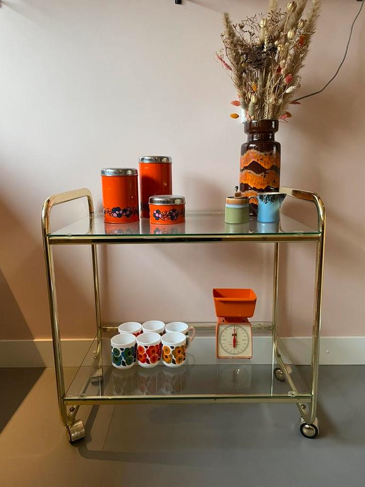 Vintage messing trolley, theewagen, barcart glas, Huis en Inrichting, Tafels | Sidetables, Zo goed als nieuw, 25 tot 50 cm, 50 tot 100 cm