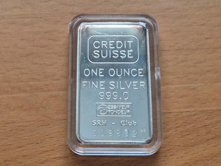 Credit Suisse: 1 oz zilverbaar. Vintage jaren '80 zilver., Postzegels en Munten, Edelmetalen en Baren, Zilver, Ophalen of Verzenden
