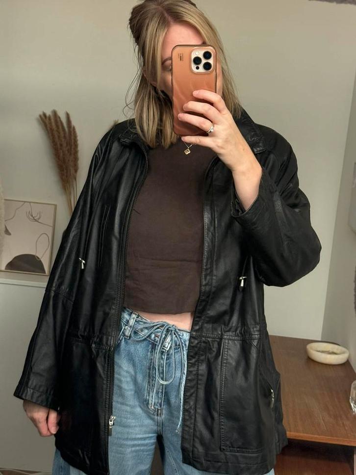 Vintage leren jas zwart – 100% leer – oversized XL, Kleding | Dames, Jassen | Zomer, Gedragen, Maat 46/48 (XL) of groter, Zwart
