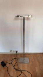 RVS dubbele lamp met voetschakaar en dimmer, Huis en Inrichting, Lampen | Vloerlampen, Ophalen, Gebruikt, Metaal, 100 tot 150 cm