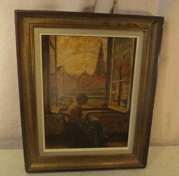 Mooi Geschilderd werk 'Vrouw bij het raam' - 41x34 beschikbaar voor biedingen