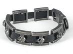 Zwart leren + RVS HEREN armband met doodshoofd, Met edelsteen, Verzenden, Zwart, Nieuw