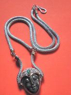 Prachtig Apart Lang Zilveren Collier met Gezicht van Hemat, Verzenden, Zilver, Ketting, Met edelsteen