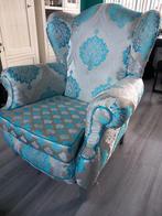 Oorfauteuil met blauw/zilveren stof, Huis en Inrichting, Fauteuils, Ophalen, Gebruikt, Klassiek, 75 tot 100 cm