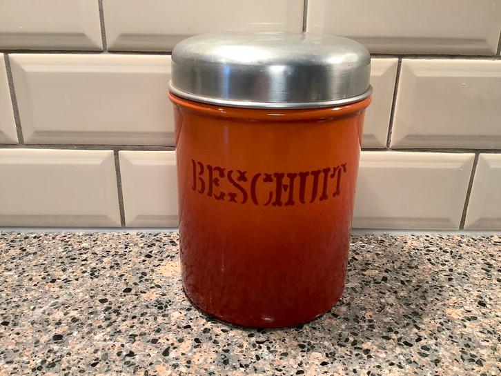🧡PRACHTIGE GAVE🧡 terracotta oranje gevlamde beschuitbus, Antiek en Kunst, Antiek | Emaille, Ophalen of Verzenden