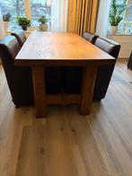 Massief eiken eettafel met 4 leren stoelen, Ophalen, Gebruikt, Eikenhout, 200 cm of meer