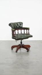 Groene rundleren en houten chesterfield bureaustoel, Huis en Inrichting, Ophalen, Gebruikt, ., .