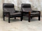 Gave set vintage fauteuils, hout / leer jaren 60/70, Gebruikt, 75 tot 100 cm, Hout, Ophalen