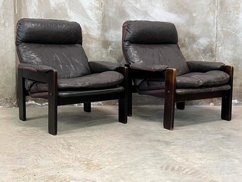 Gave set vintage fauteuils, hout / leer jaren 60/70, Huis en Inrichting, Fauteuils, Gebruikt, Hout, 75 tot 100 cm, Ophalen
