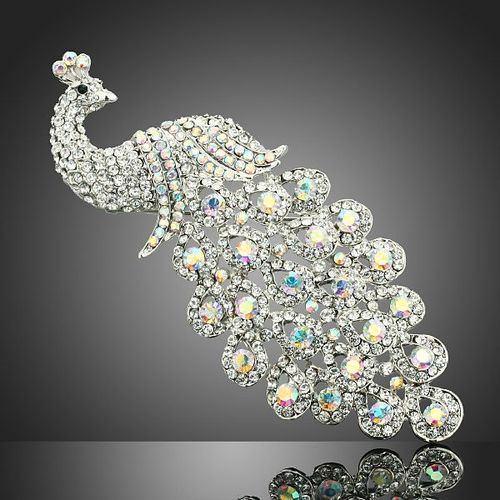Mooie broche Pauw wit gekleurd Swarovski elementen, Sieraden, Tassen en Uiterlijk, Broches, Nieuw, Overige materialen, Zilver