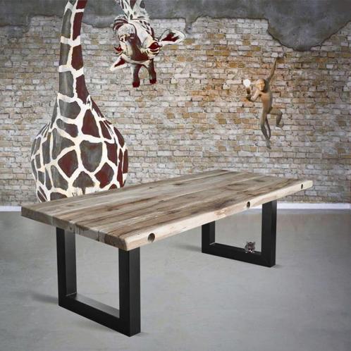 XL Eiken stamtafel, Industriele balken tafels massief  806, Huis en Inrichting, Tafels | Bijzettafels, Gebruikt, Rechthoekig, 60 cm of meer