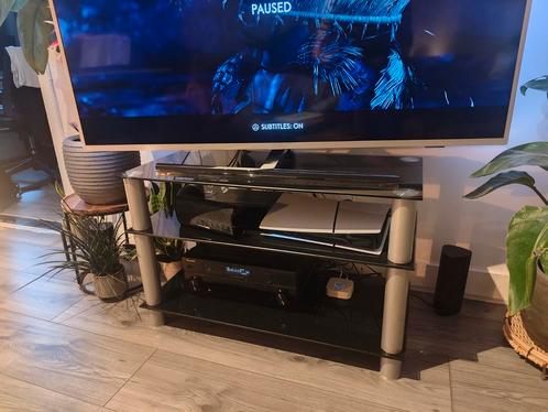 Glazen tv-meubel met metalen frame – 90 x 44 x 57 cm, Huis en Inrichting, Kasten | Televisiemeubels, Zo goed als nieuw, Minder dan 100 cm