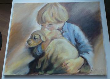 Wanddecoratie geschilderde afbeelding kind met hond,+3 knuff beschikbaar voor biedingen