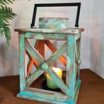 Stoere lantaarn windlicht hout ibiza turquoise, 25 tot 50 cm, Ophalen of Verzenden, Zo goed als nieuw, Kandelaar