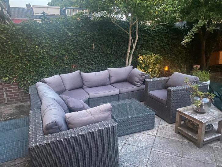 Lounge set, Tuin en Terras, Tuinsets en Loungesets, Gebruikt, Loungeset, Kunststof, 6 zitplaatsen, Bank, Bijzettafel, Hocker, Stoel