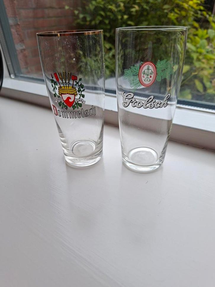 Twee vintage bierglazen: Grolsch & Dommelsch, Verzamelen, Biermerken, Gebruikt, Glas of Glazen, Ophalen