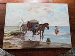 Schilderij op doek, zee kokkel visser met paard 50x70cm, Ophalen, Schilderij, 50 tot 75 cm, Oorspronkelijke maker