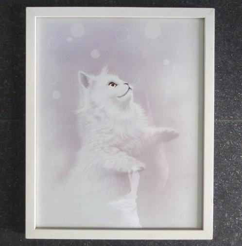 Vintage prentje in lijst witte poes nostalgisch kitsch Pers, Huis en Inrichting, Woonaccessoires | Wanddecoraties, Gebruikt, Ophalen of Verzenden