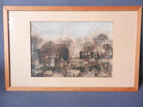 Aquarel Wim Hendriks Landschap m huizen Wieringen 1967 25x38, Antiek en Kunst, Kunst | Schilderijen | Klassiek, Ophalen of Verzenden