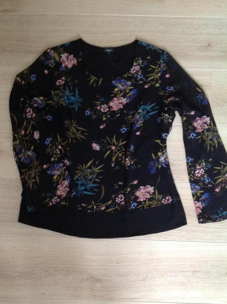 Super top, mt 38, zwart/bl.print, dubbel voorpand, z.g.a.n.!, Kleding | Dames, Tops, Zo goed als nieuw, Maat 38/40 (M), Zwart