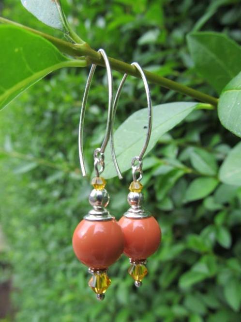 Oorbellen Salmon Yellow swarovski parel-kristal zilver, Sieraden, Tassen en Uiterlijk, Oorbellen, Nieuw, Hangers, Zilver, Zilver