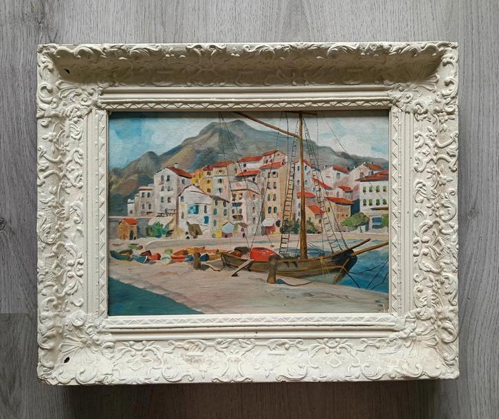 Spaans vissersdorpje met rustende bootjes - 1940, Antiek en Kunst, Kunst | Schilderijen | Klassiek, Ophalen of Verzenden