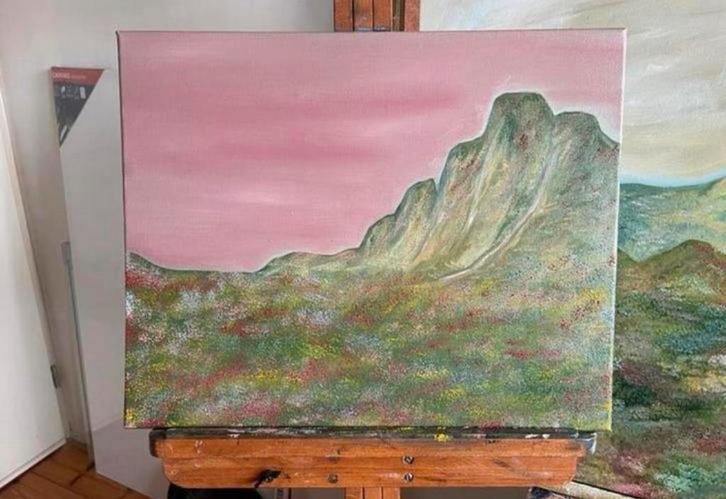 Olieverf Schilderij - Puur Natuur Roze Berglandschap, Antiek en Kunst, Kunst | Schilderijen | Klassiek, Ophalen of Verzenden