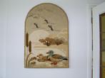 Geborduurd schilderij met oa eenden, reiger en lisdodde, Huis en Inrichting, Gebruikt, Overige typen, Ophalen of Verzenden, 75 cm of meer