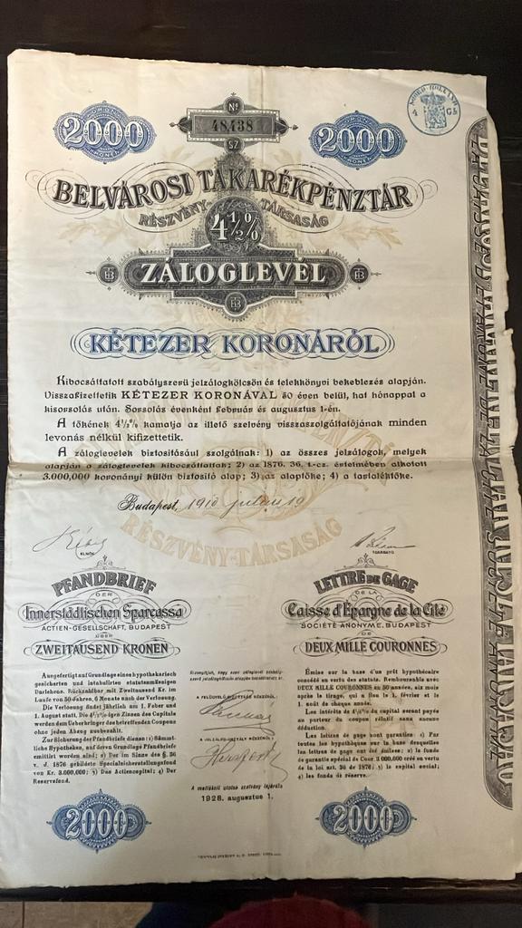 Oude Hongaarse Obligatie - 2000 Kronen - 1918, Postzegels en Munten, Aandelen en Waardepapieren, Obligatie of Lening, Voor 1920