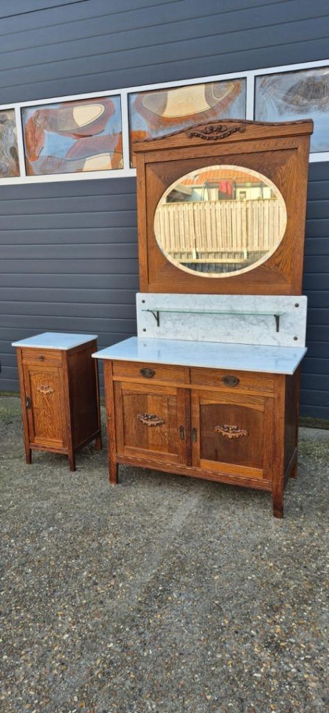 Prachtige kaptafel commode met marmer blad + nachtkastje, Huis en Inrichting, Tafels | Kaptafels, Gebruikt, 150 tot 200 cm, 100 tot 150 cm