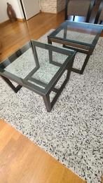 salontafel met glazen blad/donker houten onderstel 2 stuks, Ophalen, Minder dan 45 cm, Gebruikt, 55 tot 75 cm