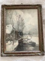 Schilderij Garjeanne "winterlandschap , sloot met roeiboot, Antiek en Kunst, Kunst | Schilderijen | Klassiek, Ophalen