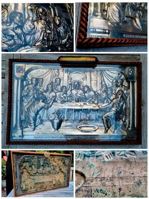 Laatste avondmaal in verzilverd koper, 79 x 49,5 cm, Antiek en Kunst, Antiek | Religie, Ophalen of Verzenden