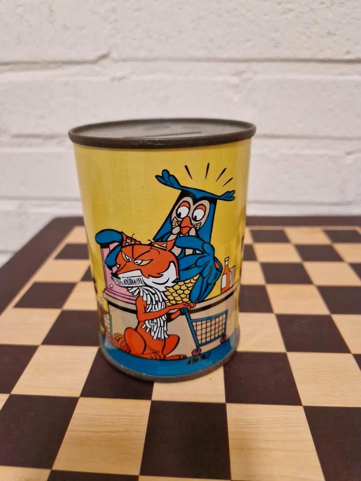 Vintage Blikken Spaarpot - Fabeltjeskrant      l, Verzamelen, Spaarpotten, Gebruikt, Strip- of Tekenfilmfiguur, Metaal of Blik