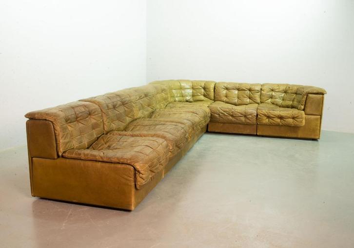 Vintage design Olijfgroene leren Desede DS11 sofa, 1970s, Huis en Inrichting, Banken | Sofa's en Chaises Longues, Gebruikt, Vierpersoons of meer