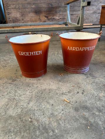 Vintage Emaille Emmer Set - Groenten & Aardappelen beschikbaar voor biedingen
