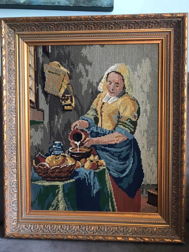 Geborduurd Vintage Schilderij het Melkmeisje van Vermeer, Antiek en Kunst, Kunst | Schilderijen | Klassiek, Ophalen of Verzenden