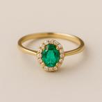 14K Gouden Smaragd & Diamanten Ring - Italiaans, Sieraden, Tassen en Uiterlijk, Ringen, Ophalen of Verzenden, Zo goed als nieuw