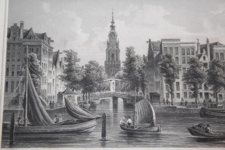 19e eeuwse ets (?) Zuiderkerk Amsterdam vanaf Amstel, Antiek en Kunst, Kunst | Etsen en Gravures, Ophalen of Verzenden