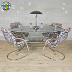 Vintage Gastone Rinaldi chroom & rookglas eettafel + stoelen, ., Ophalen of Verzenden, Zo goed als nieuw, 4 tot 6 stoelen