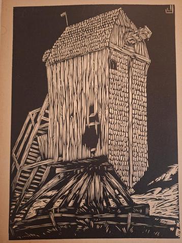 Houtsnede: Vervallen Molen beschikbaar voor biedingen