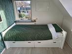 Houten bed met onderschuifbed en lades, wit, Ophalen, 90 cm, Eenpersoons, Wit