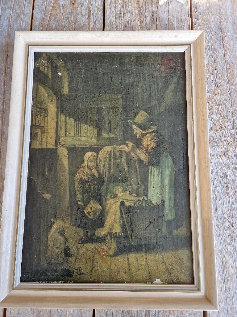 Oud schilderij pasgeboren baby met oma en kind, Antiek en Kunst, Kunst | Schilderijen | Klassiek, Ophalen of Verzenden