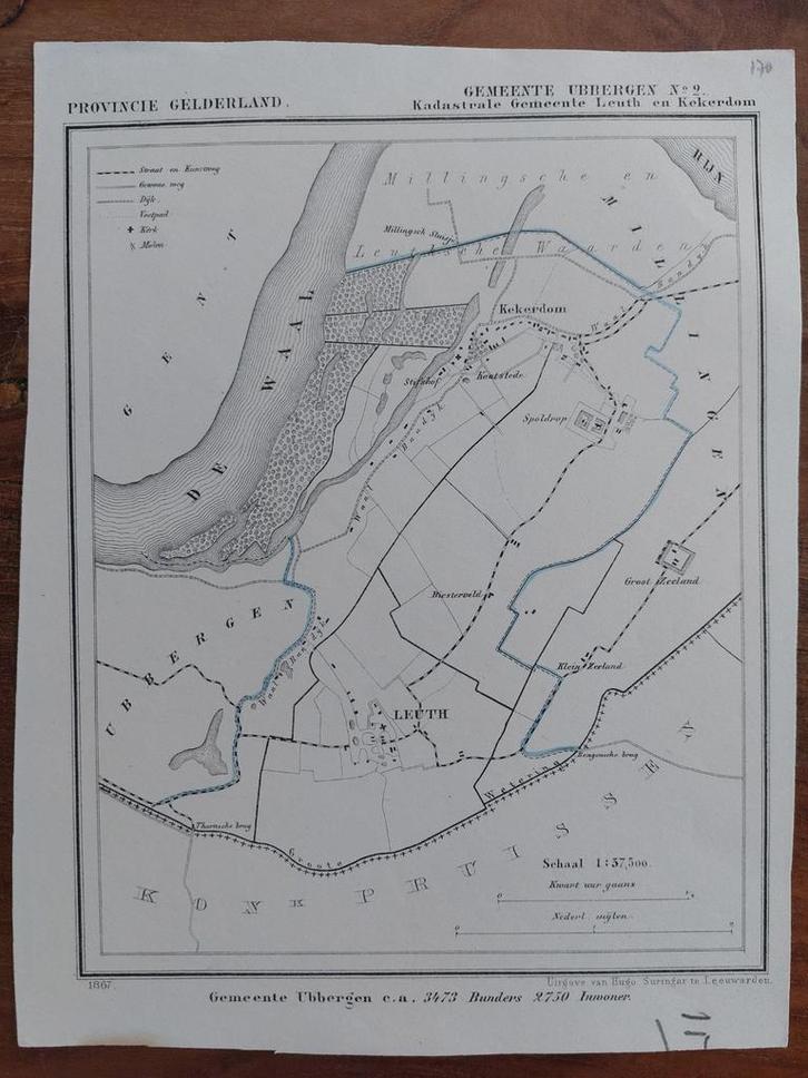 170 / Ubbergen Leuth Kekerdom Litho uit 1867 van J. Kuyper, Antiek en Kunst, Kunst | Litho's en Zeefdrukken, Ophalen of Verzenden