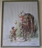 Schilderij met jongen, ballonnen en woonwagen, Ophalen of Verzenden