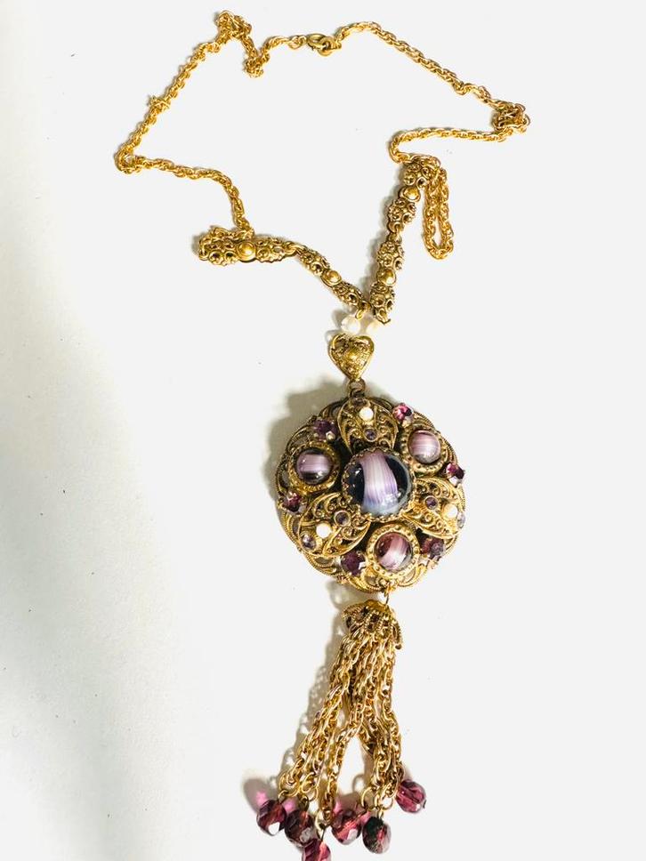 Vintage West Germany filigrein ketting met paars glas, Sieraden, Tassen en Uiterlijk, Kettingen, Gebruikt, Overige materialen