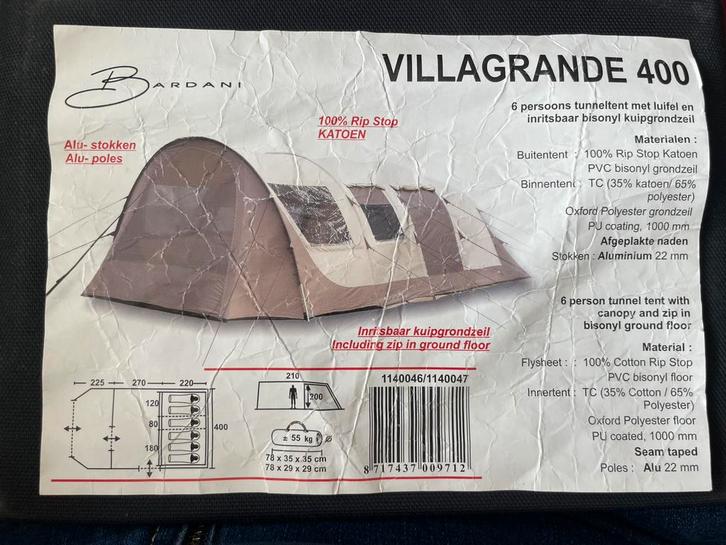 Bardani villagrande 400 tunneltent 6p bruin, Caravans en Kamperen, Tenten, Gebruikt, Ophalen