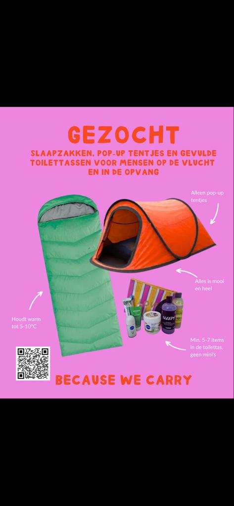 Pop-up tentjes en slaapzakken gezocht voor het goede doel